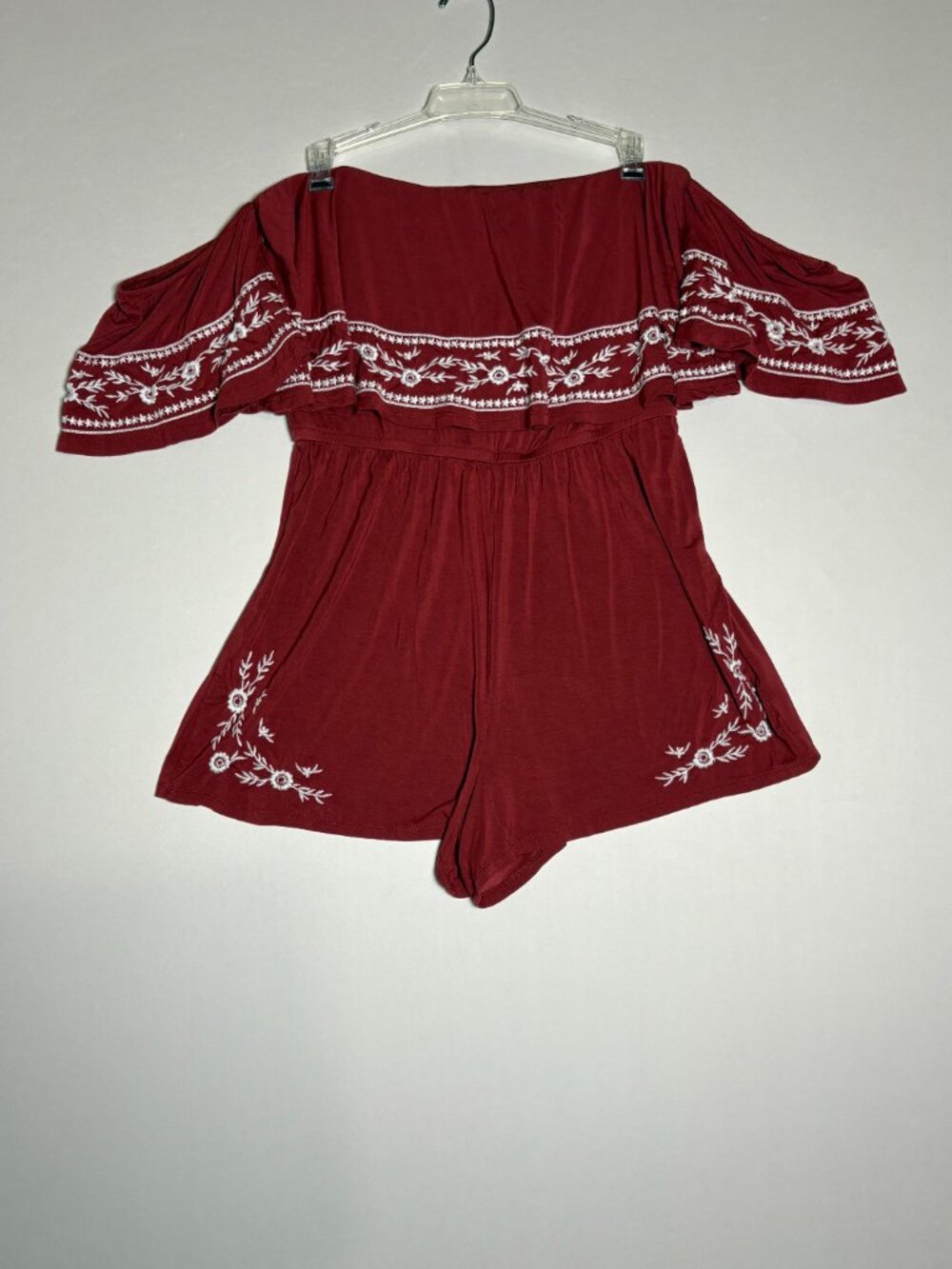 American Eagle Embroidered Off-The-Shoulder Romper Burgundy Size M